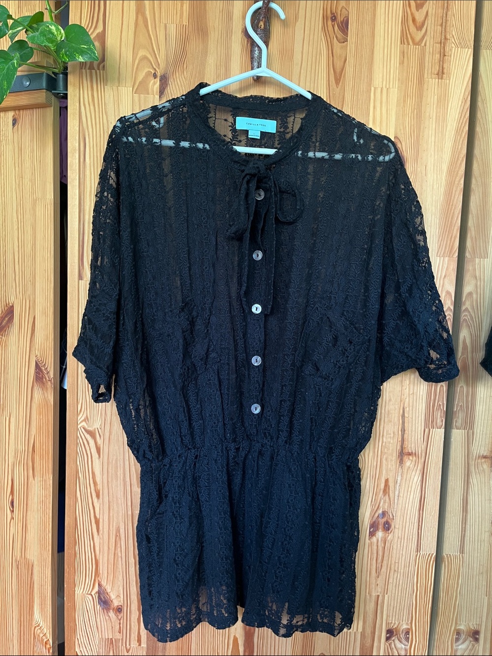Black Lace Tie-Neck Blouse (size L)